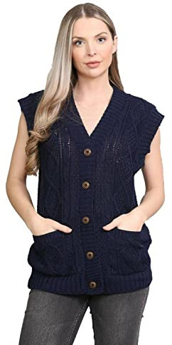 LUXE DIVA Womens Sleeveless Cable Knitted Grandad Cardigan Ladies 5 Button Casual Winter Sweater Waistcoat Top Navy