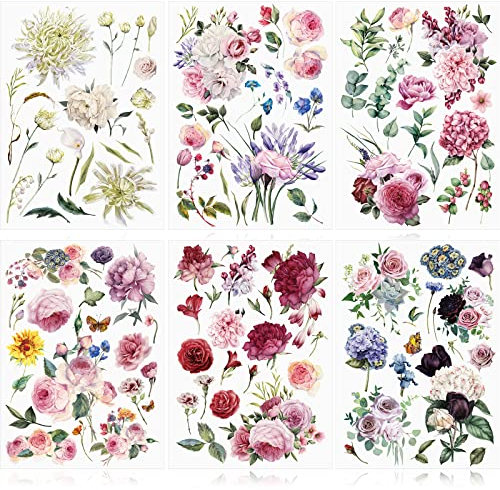 6 Sheets Spring Flowers Rub on Transfers Vintage Rose Rub on Transfers for Furniture Bird Flower Rub on Decals Wood Crafts DIY Arts Large Transfer 16 x 12 Inches(Flower Style)