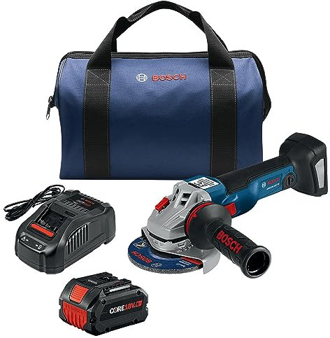 BOSCH GWS18V-10B14 - Kit de amoladora angular de 18 V sin escobillas de 4-1/2 - 5 pulgadas con (1) batería CORE18V® de alta potencia de 8 Ah