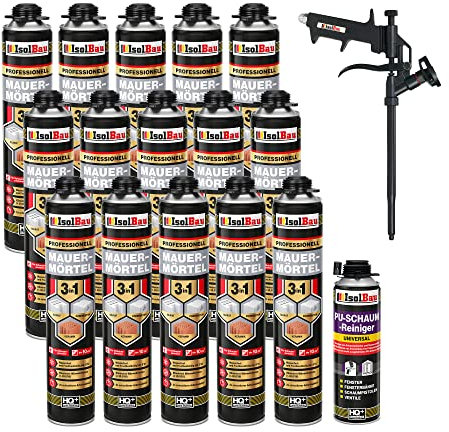 Isolbau Mauermörtel Set: 15x 750 ml PU-Mörtel 1x 500 ml Pistolenreiniger 1x Teflon Schaumpistole, PU-Reiniger, Montageschaum, Pistolenschaum