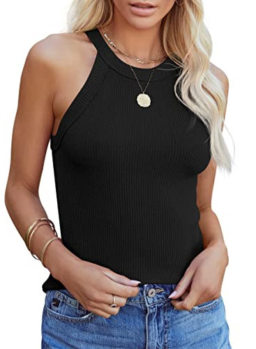 Homlan Damen Neckholder Ärmellose Tank Tops Racerback Rundhals Basic Slim Fit Shirts Elegant Oberteile Ribbed Knit Cami Top Sexy (Medium, Schwarz)