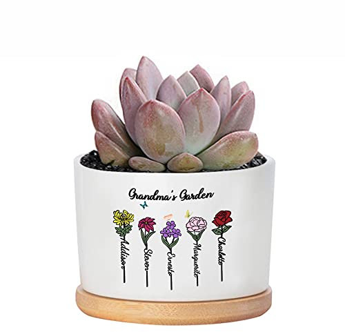 Pekdi Cadeau personnalisé pour la fête des mères, Pot de Fleurs du Mois de Naissance, Pot de Fleurs du Jardin de Grand-mère, Pot de succulentes du Jardin de Maman avec Fleur du Mois de Naissance