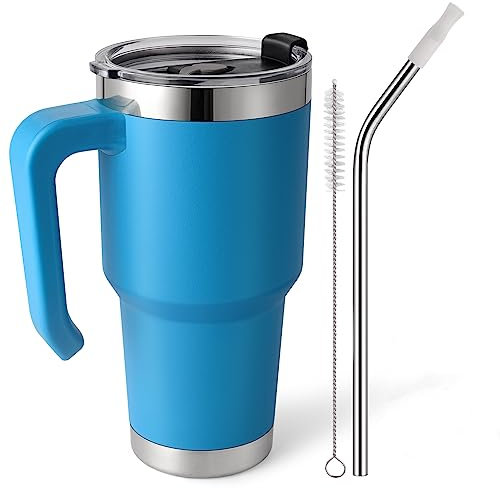 EQARD Mug Isotherme Cafe avec Paille Poignée Tasse de Voyage avec Couvercle étanche Gobelet Inox avec Tube Brosse Thermos Cafés pour Chaud ou Glacé Tous Sans BPA