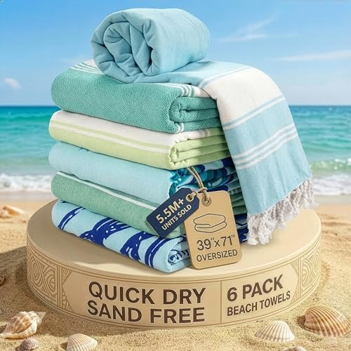 LANE LINEN Turkish Beach Towels Set of 6, Cotton Rich Oversized Beach Towel, Lightweight Beach essentials For Women, Large Pool Towel, Absorbent & Quick Dry, Sand Free Beach Towel, 39x71 - Aqua
