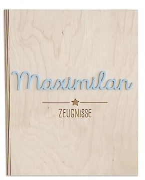 Personalisierte Zeugnismappe aus Birkenholz mit Acryl Namen - Individuelles Geschenk zur Einschulung - DIN A4 - Zeugnisringbuch Mädchen & Jungen - hellomini (Stern blau)