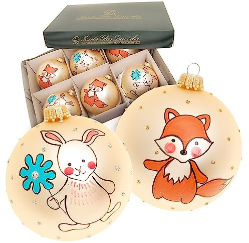 Krebs Glas Lauscha - Weihnachtsdekoration/Christbaumschmuck aus Glas - Weihnachtskugeln - Motiv: Goldbeige mit Fuchs & Hase - Größe: 6 mal 8cm