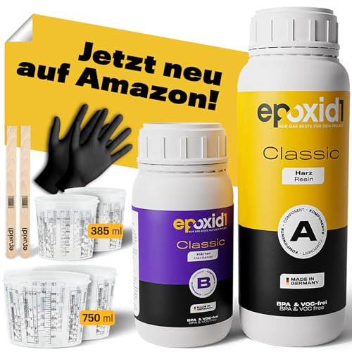 epoxid1® Epoxidharz mit Härter | Classic Resin Gießharz 0,1-1cm | glasklar & blasenfrei | Einsteigerset | Gießen von Epoxy Resin Art | Kunstharz Set für Anfänger & Profis | Made in Germany 750g