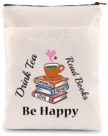 FEELMEM Bookworm Gift Drink Tea Read Books Be Happy Book Sleeve with Zipper Tea Lovers Book Pouch