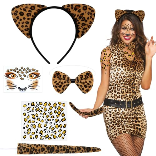 Wishstar Leoparden Kostüm Damen,5 Stück Leoparden kostüm Set mit Leopardenohren Haarreif Schwanz Fliege leoparden Glitzer Tattoo Gesicht Aufkleber,Faschingskostüm damen Cosplay Karneval Party-15