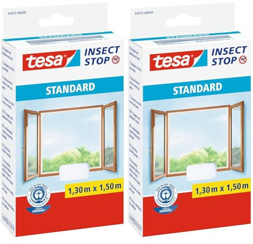 tesa Insect Stop Malla Mosquitera STANDARD para Ventanas - Mosquitera Autoadhesiva - Recortable al Tamaño Deseado - Blanca, 130 cm x 150 cm (Paquete de 2)