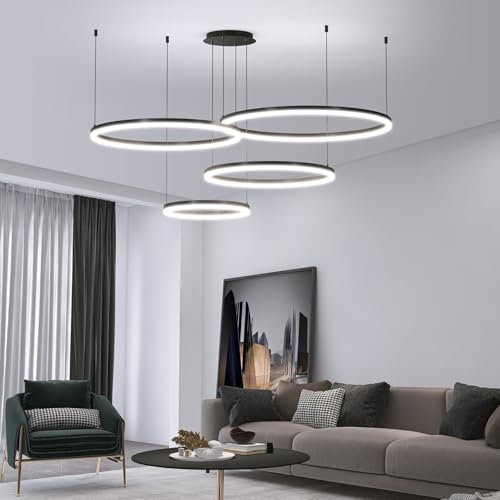 Mikeru Living Room Pendant Lights, 30+40+60+80CM Adjustable Pendant Light 4 Ring Minimalist Pendant Lamp with Memory Function Dimmable 10% to 100% Linear Pendant Light 3000K/4500K/6000K for Showroom
