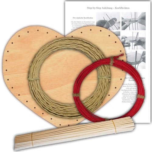 Korbflechtset [24] - Herz Körbchen mit Papierschnur & Peddigrohr rot inkl. Anleitung