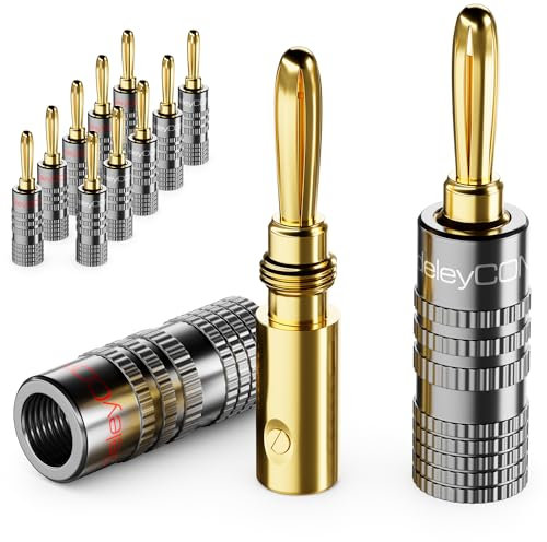 deleyCON 12 Stück Bananenstecker Set - Vergoldet Schraubbar für Lautsprecherkabel Boxenkabel 0,75 mm - 4,5 mm & z. B. HiFi Audio Heimkino Receiver - Grau