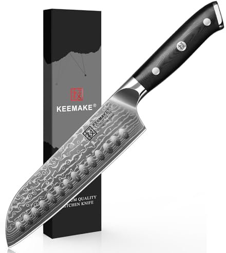 KEEMAKE Damast Santokumesser 17,8cm - 67 Schichten Damaststahl Japanische Kochmesser Küchenmesser Profi Messer, Scharfe Messerklinge mit Ergonomischer G10 Griff