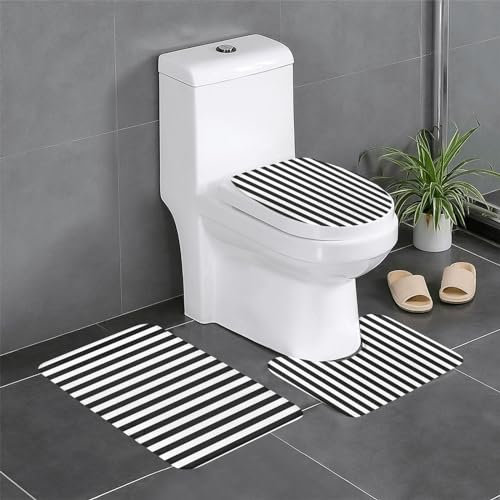 HYTTER Badteppich-Set, schwarz-weiß gestreift, 61 x 40,6 cm, leicht zu reinigen, langlebig, dick, 3-teilig