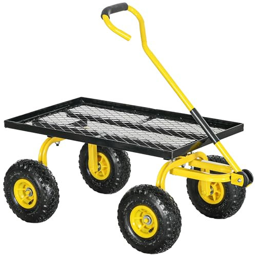 Outsunny Chariot de Transport Jardin remorque à Main charrette à Bras 4 Roues 94L x 48,5l x 100H cm Charge Max. 150 Kg métal Jaune