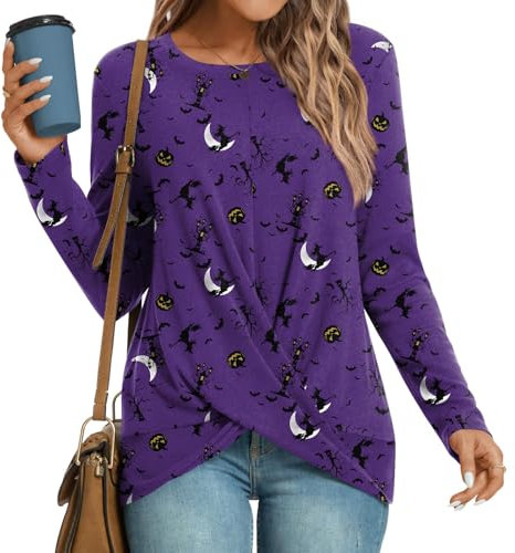 HOTGIFT Womens Tunics Top Long Sleeve Casual Shirts Plus Size Loose Blouse Halloween-Purple X-Large