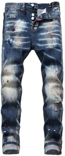 ZMIN Jeans da uomo aderenti a gamba piccola con toppe strappate e pantaloni blu con schizzi di vernice non elastica, Hh-8826, 44