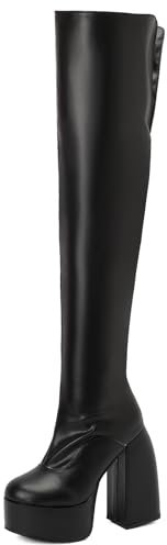 Lizoleor Moda Tacco A Blocco Plateau Donna Sopra Il Ginocchio Boots Punta Rotonda Zip Laterale Con Risvolto Concise Stivali Alti Nero Numero 40.5 EU/42Cn