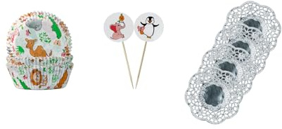 Demmler Muffin Picker Set - 60 Cupcakeförmchen und 12 Picker - Größe: 5 x 5 x 2,5cm - Motiv: Tierwelten - inklusiv 4 silberne Tassendeckchen - Made in Germany