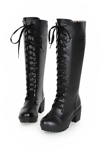 KUHAOFEU Stivali da Equitazione da Combattimento da Donna Stivali Alti Fino al Ginocchio con Plateau E Lacci Stivali da Motociclista Gotici Stivali A metà Polpaccio,Nero,45 EU