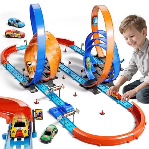 Doloowee DIY Track Builder Rennstreckenspielzeug für Jungen 3 4 5 6 Jahren | Wettbewerbs-Autorennbahn für Kinder, Geschenke für Jungen Mädchen 3 4 5 6 Jahre Alt