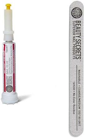 Beauty Secrets Drip & Clog Proof Nail Glue (1 Pack) Bundled with Zebra Cushion Nail File Medium Coarse 180/100 Grit by Beauty Secrets
