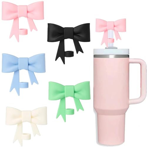 Lot de 5 accessoires pour pailles Stanley, 10 mm, nœud mignon, matériau en silicone, anti-poussière, pour pailles Stanley, 30 et 40 oz, multicolore