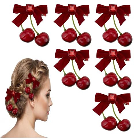 6 fermagli per capelli a forma di ciliegia, graziose forcine per capelli realistiche a forma di ciliegia, in velluto rosso, graziose mollette per capelli con frutta artificiale, accessori per capelli