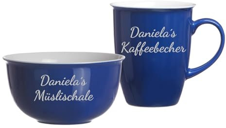 LUXENTU Frühstücks-Set Doppio mit personalisierter Gravur, Kaffeebecher (320 ml) und Müslischale (14 cm) mit 2-zeiligem Gravurbereich, Lasergravur in Silber, Porzellan, Indigo Blau