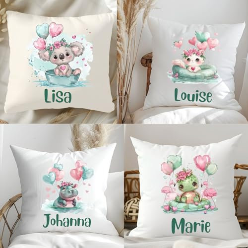 wolga-kreativ personalisiertes Kuschelkissen Kinder – Süße Tier-Motive mit Luftballons – mit Namen Bedruckt – Flauschiges Babykissen – Bedruckt in Deutschland