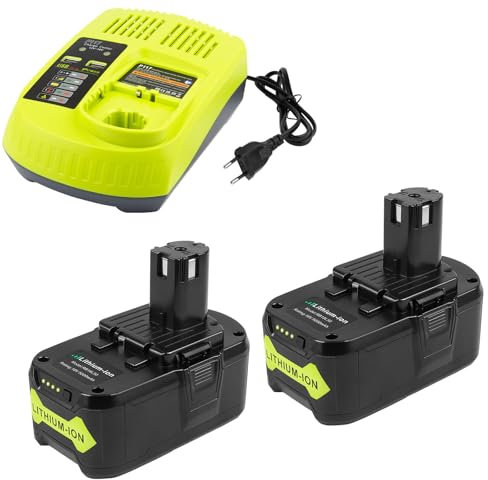 KEATFE 2 Stück 5000mAh Akku und Ladegerät für Ryobi ONE+ Geräte, 18V Li-Ion Ersatzakku für Ryobi BPL-1815 BPL-1820G BPL1820 BPL18151 P102 P103 P104 P105 P106 P107 P108 Elektrowerkzeug