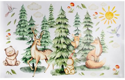 1 Set Adesivi Murali Animali Foresta Albero Grande Sticker da Muro, Sticker da Muro per Camerette, Cervo, Orso, Volpe e Montagna, Decorazione per Bambini e Asilo Nido