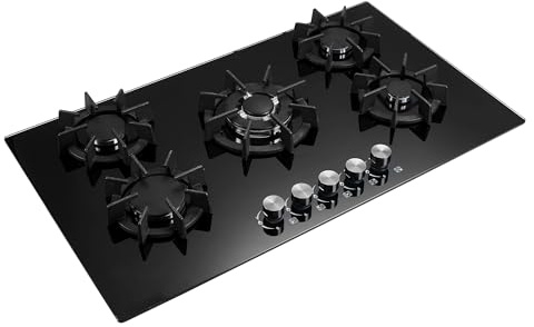 Blue Flame HBG5724-76cm Built-in Gas Hob - 4 Burners with Wok Burner - Tempered Black Glass Body - Cast lron Pan Supports