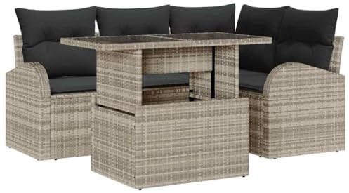 vidaXL 5-teiliges Garten-Sofa-Set mit Kissen in Hellgrau, aus Poly-Rattan, mit verstellbaren Armlehnen, wetterfest, modulare Outdoor-Sitzmöbel für Terrasse und Balkon, modernes Lounge-Möbel