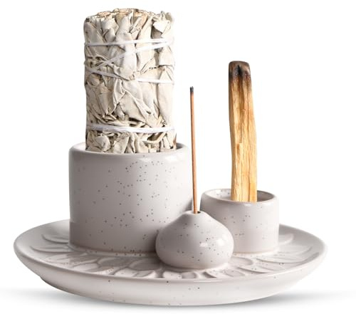 GOEDCH Cuenco de incienso de cerámica: soporte para salvia blanca, plato para ahumar, cuenco para ahumar, cuenco para incienso, accesorio de meditación, soporte con placa recolectora de cenizas para