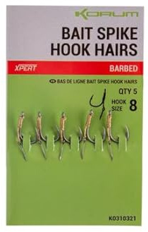Korum Bait Spike Hook Hairs Barbed Qty 5 | Fishing Hook Bait Attachment | Hair Rig Spike | Ideal for Boilies, Pop-Ups and Wafters | 7mm Barbed Bait Spike Whipped to an Xpert Power Hook
