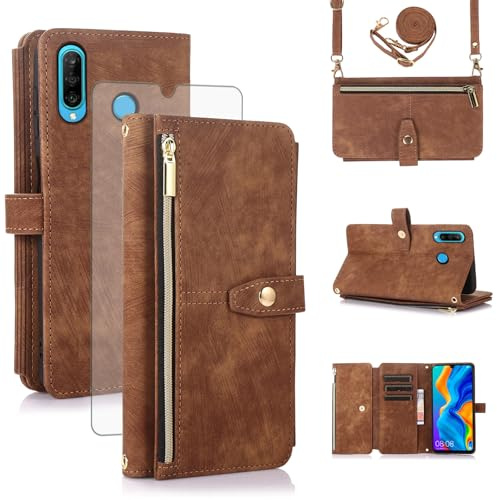 Asuwish Coque pour Huawei P30 Lite Portefeuille avec Verre Trempé et Cordon Porte Carte Chaine PU Cuir à Clapet Housse Support HuweiP30Lite Hawaii P 30 Nova 4E MAR-LX1A MAR-LX1B Téléphone Case Marron