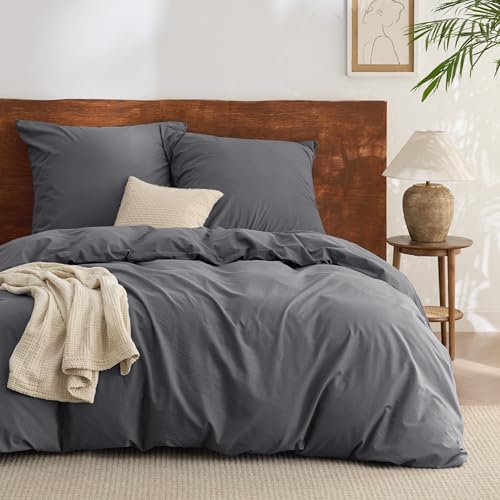 BEDSURE Bettwäsche 220x240 Baumwolle 3teilig - Bettwäsche-Sets Anthrazit Bettbezug mit 2 Kissenbezüge 80x80 cm, Ähnliche Textur wie Washed Leinen, Oeko-TEX Bedding Grau mit Reißverschluss