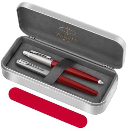 Parker Jotter Originals Red Geschenkset - Füllfederhalter (M) + Kugelschreiber + Metall Geschenkbox + Samtbeutel - Klassisches Retro Schreibset - Geschenk für Männer, Frauen, Büro, Business