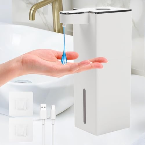 Automatischer Seifenspender mit Infrarotsensor,Flüssigetyp Seifenspender | USB wiederaufladbar, IPX5 wasserdicht, Wandmontage – 400ml Berührungsloser Spender für Küche, Bad, Schule, Hotel-Weiß