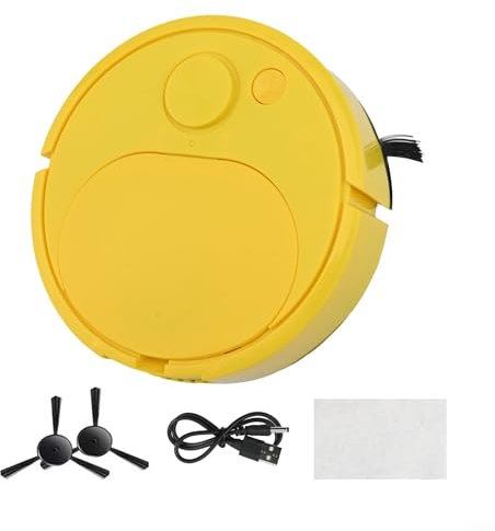 Aspirateur robot ultra fin avec double fonctionnalité pour un nettoyage en profondeur des poils d'animaux (jaune)
