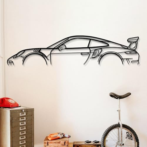 Dekory Auto Wandbild – 911 GT3 RS (991) Silhouette aus schwarzem Metall, modernes Industriedesign – Wanddeko für Garage, Homeoffice, Wohnzimmer – XL-Wandkunst 120 cm