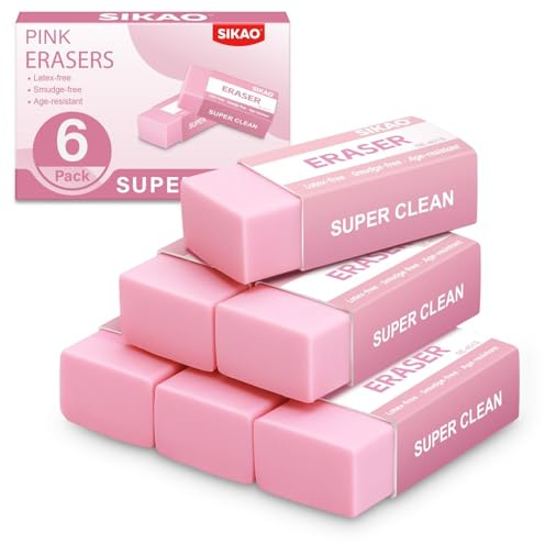 SIKAO Pinke Radiergummis, 6er Pack – Radiergummi Mädchen & Schule, Latexfrei & Weich – Bunte Block-Radierer für sauberes Radieren, Ideal für Hausaufgaben, Malen, Basteln & Einschulung (Pink Edition)