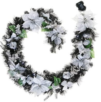 Pre-Lit Decorated Black Garland – 6 ft, White and Silver Poinsettias, 30 White LED Lights, Battery Powered