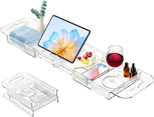 MUSLONG Badewannenablage aus Acryl, Ausziehbare Badewannenbrett, Badewannentablett für Ipad und Bücher, Badewannen Ablagen, Badewanne Ablagebrett Geschenk für Frauen, Transparente Badewannen Zubehör