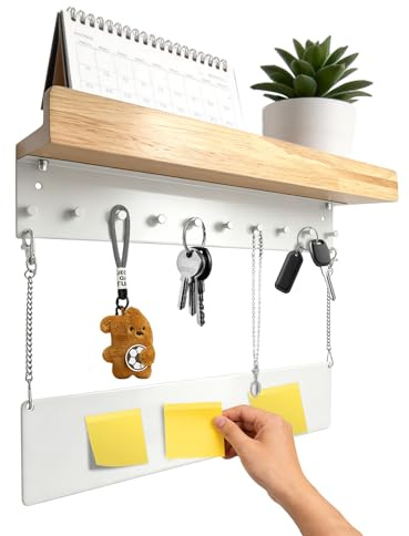 Einfacher Schlüsselbrett Weiss aus Holz,mit Ablage und Pinnwand,Moderner Schlüsselbrett Wand mit ablage 10 Haken,Stilvoller Organizer für Flur & Eingangsbereich,schlüsselboard Rustikales Design Weiß