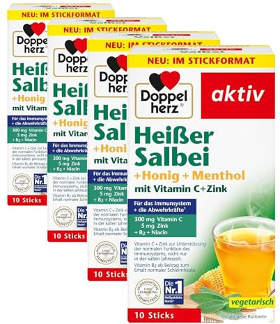 Doppelherz Heißer Salbei + Honig + Menthol - Mit Vitamin C und Zink zur Unterstützung der normalen Funktion des Immunsystems - heiß & kalt genießen - 10 Sticks (Packung mit 4)