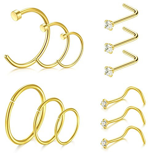 D.Bella Anneau De Nez en Acier Inoxydable Cerceau C Forme L Forme Nez Stud Nez Stud Piercing pour Femmes Filles Cerceau Cartilage Tragus Oreille Piercing Set 18G Or 12 pièces