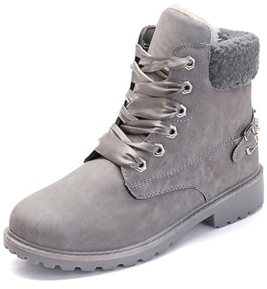Neoker - Stivaletti invernali da donna, foderati, caldi, combat Boots, kaki, grigio, rosa, 36-41, Grigio (grigio.), 40 EU
